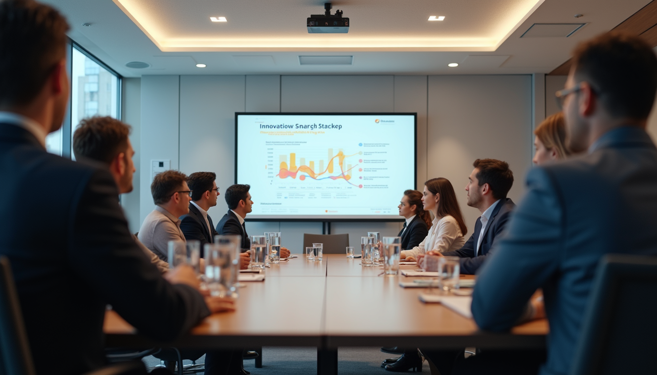 High angle view of a corporate meeting room with a presentation on innovation strategies