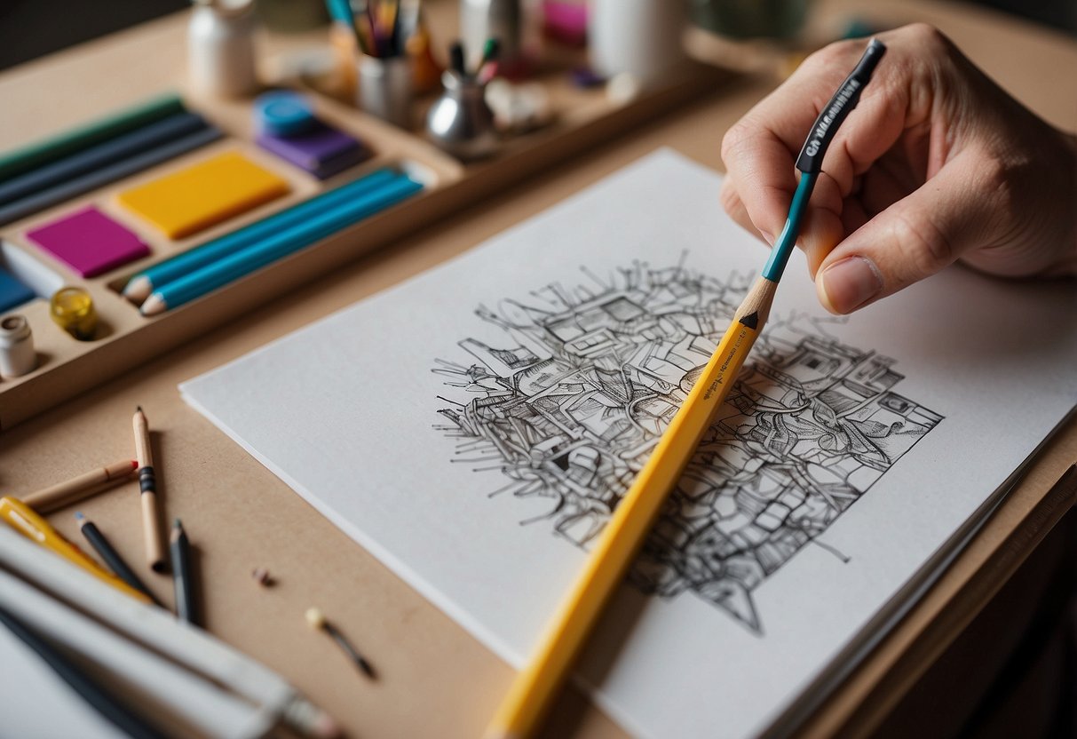 A hand holding a pencil sketches on a blank canvas, surrounded by various unconventional art supplies like recycled materials and found objects