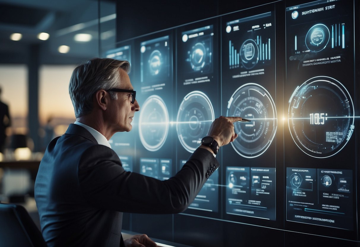 A CEO reviewing key metrics on a digital dashboard, surrounded by innovative technology and futuristic design elements