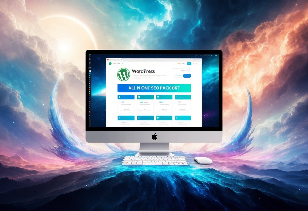 Uma tela de computador com o WordPress aberto, exibindo a interface do All in One SEO Pack com 12 ferramentas de SEO alimentadas por IA