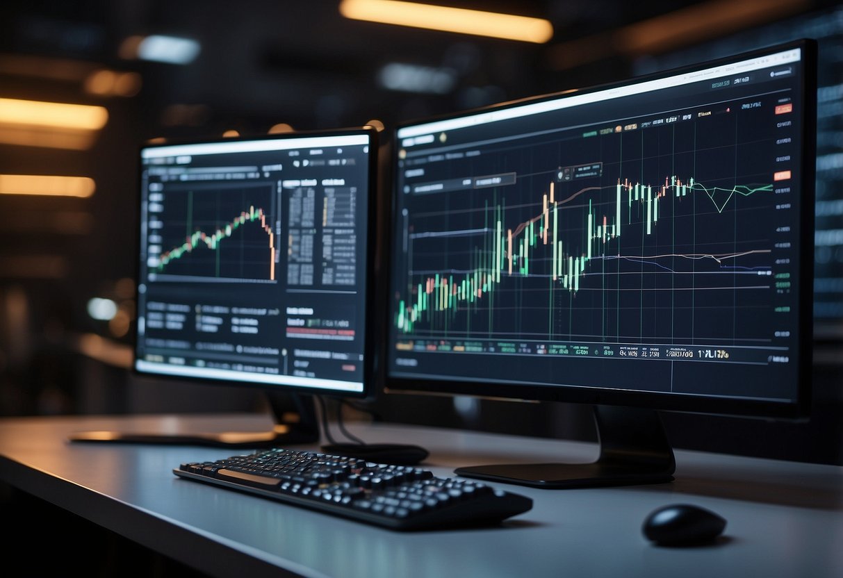 A computer mining cryptocurrencies with dynamic charts and graphs displaying various investment options