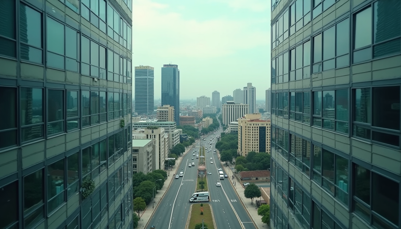 Vista aérea de prédio corporativo moderno em área urbana