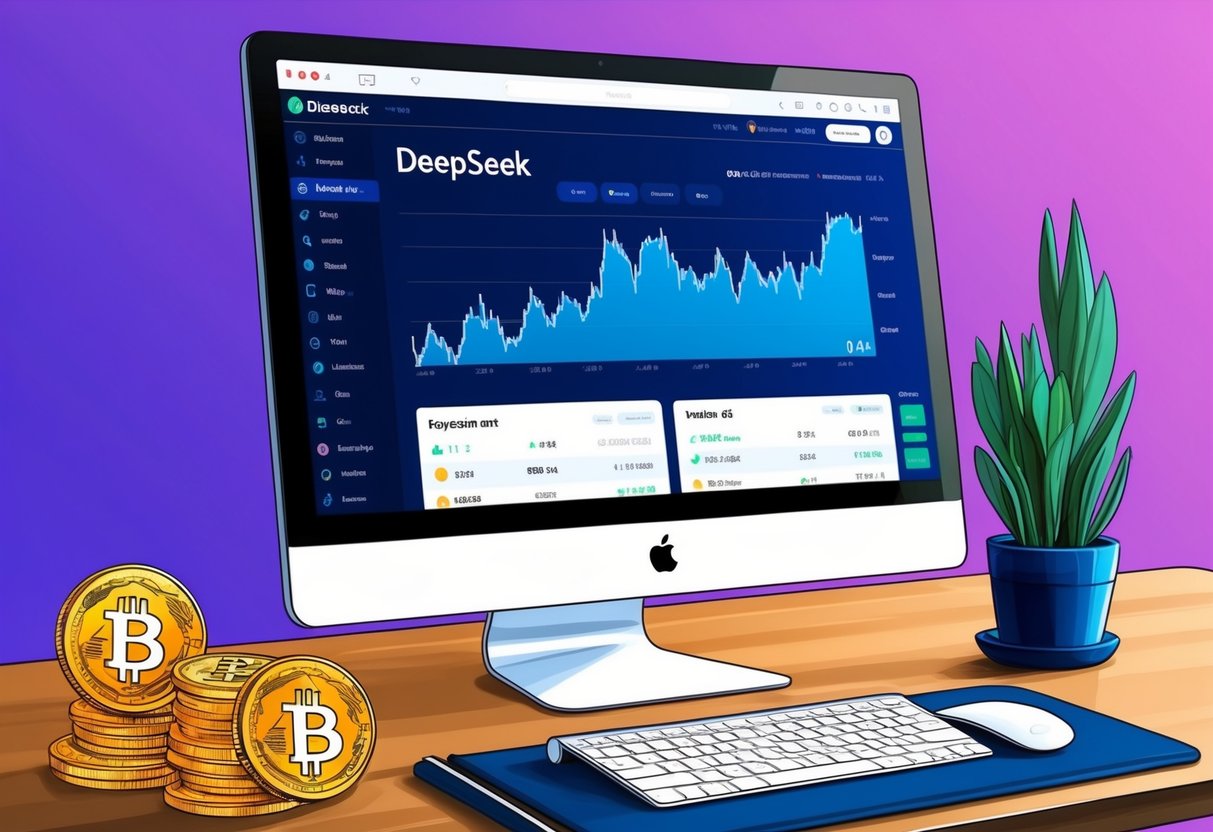 Uma tela de computador exibindo a plataforma DeepSeek com gráficos de criptomoedas e opções de investimento