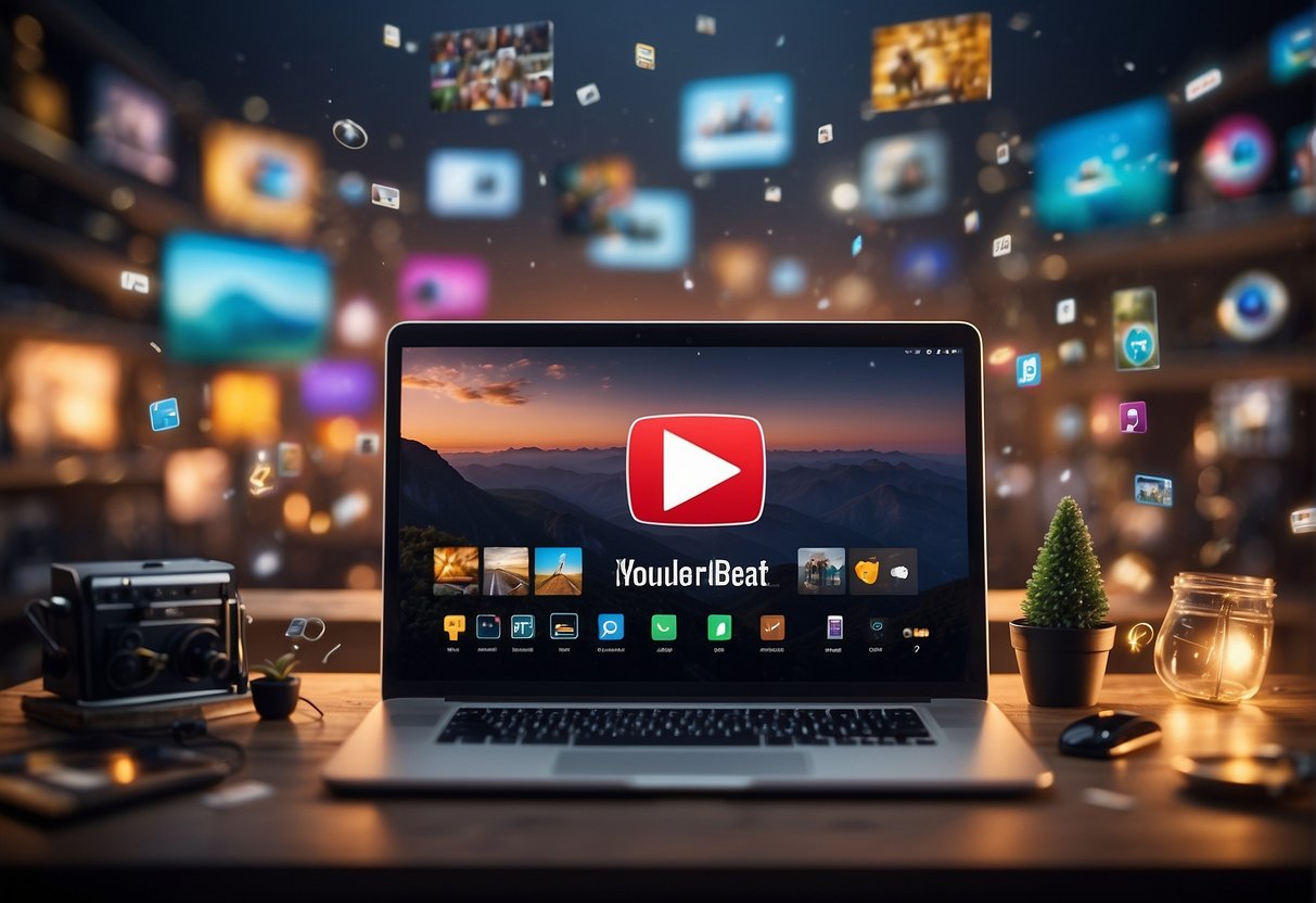 A YouTube platform with Mr. Beast's creative content dominating the screen. Icons and logos representing various content creation tools surround the platform