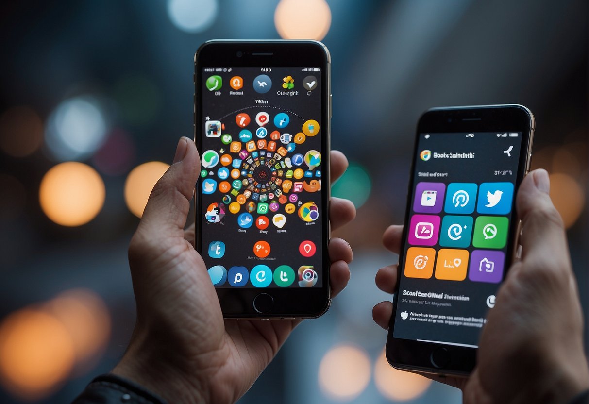 A hand holding a smartphone, with social media icons and a target in the background