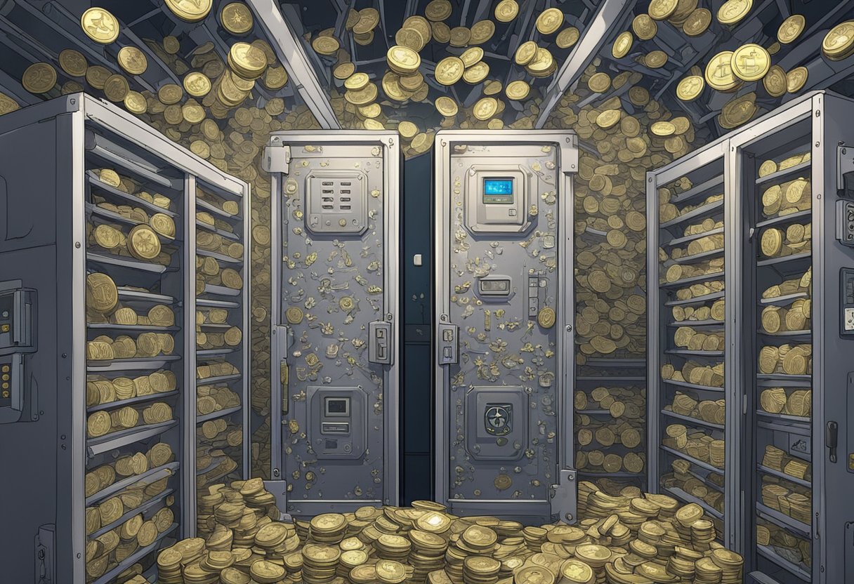Um cofre seguro com vários símbolos de criptomoedas na porta, cercado por pilhas de moeda física totalizando 100.000 reais