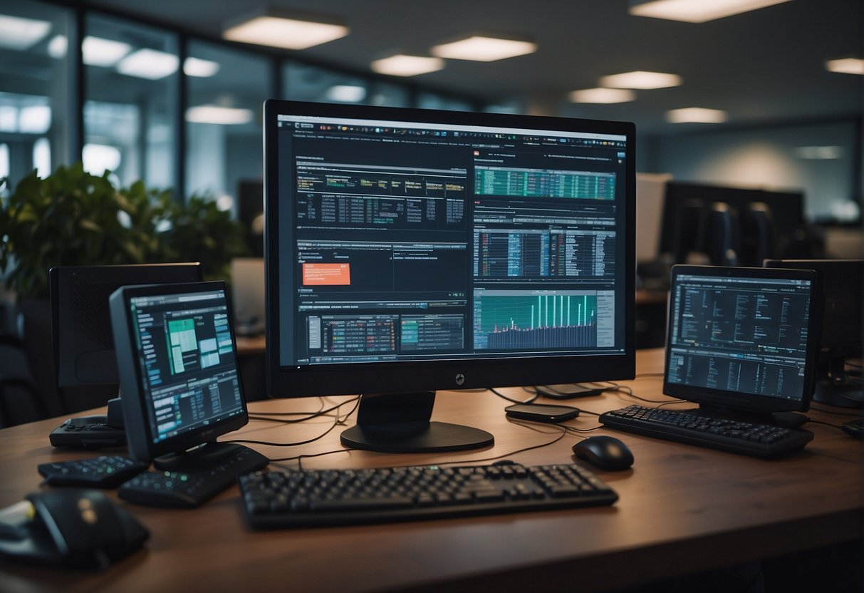 A bustling office with computers and networking equipment, with a prominent blog by Gustavo Caetano displayed on a large screen, surrounded by symbols of partnership and social networks