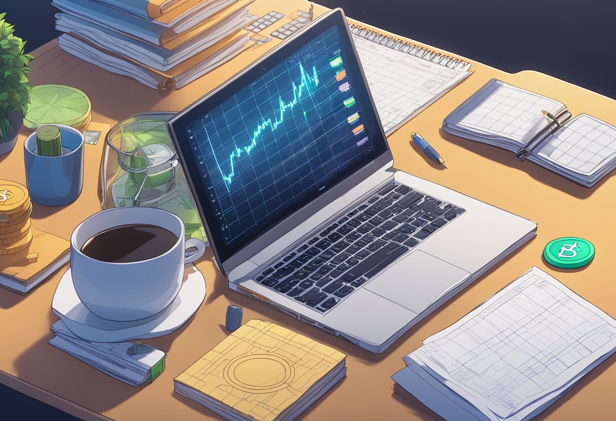 Uma mesa com um laptop, gráficos financeiros e uma pilha de livros sobre criptomoedas. Um caderno aberto com cálculos de investimento e uma calculadora.