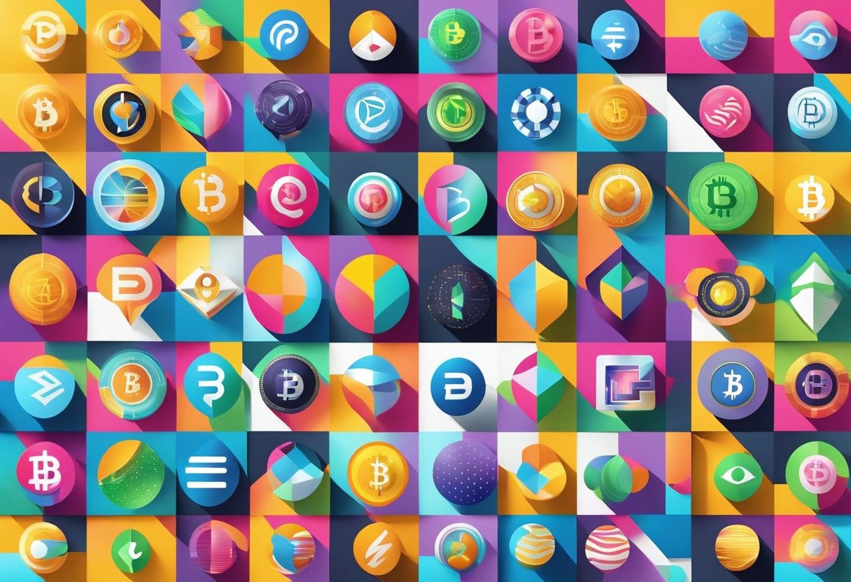 Uma variedade colorida de logotipos de criptomoedas com bolinhas dispostos em um cenário futurista, com elementos digitais e uma sensação de avanço tecnológico