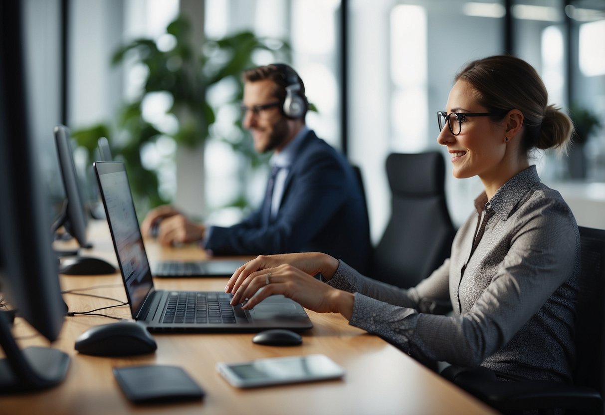 Employees engaging with digital tools, virtual meetings, and online collaboration platforms in a traditional office setting