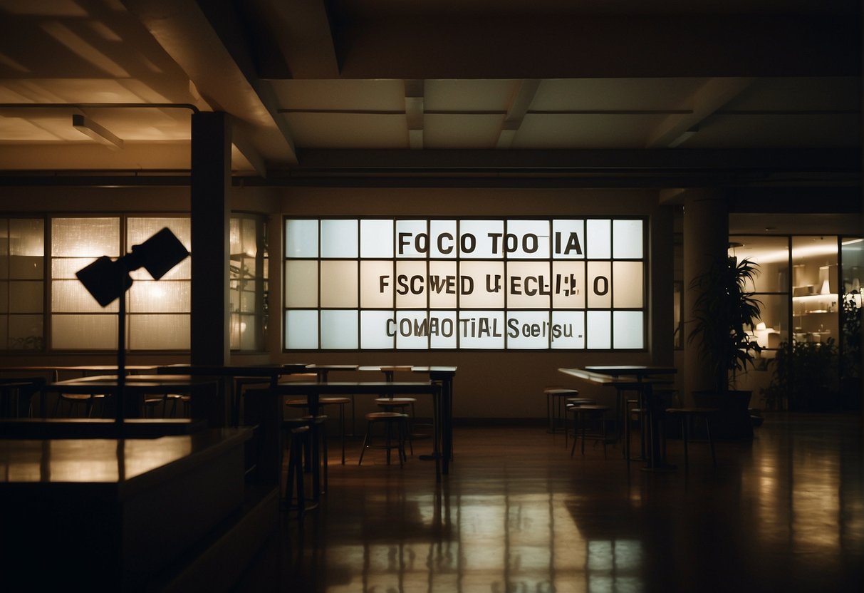 A spotlight illuminates a sign that reads "Frequently Asked Questions Foco total: Como alcançar seus objetivos com mais facilidade!" in bold lettering