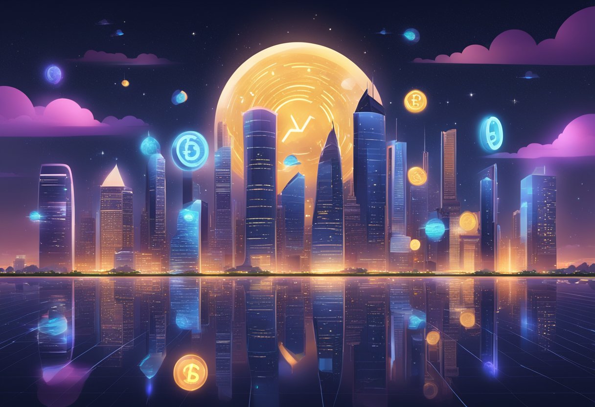 Um horizonte de cidade futurista com 12 símbolos de moeda digital distintos brilhando no céu noturno