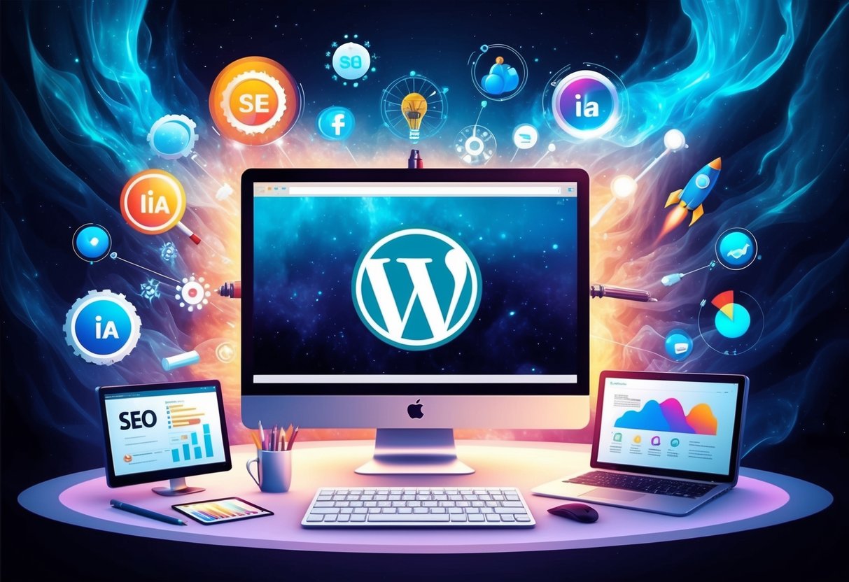 Uma tela de computador com o WordPress aberto, cercada por 12 ferramentas diferentes relacionadas a SEO e IA.
