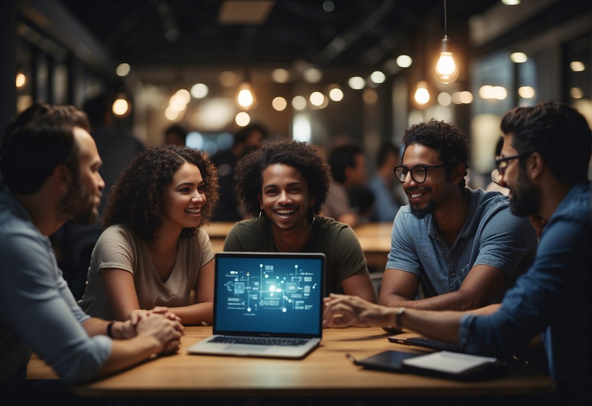 A diverse group of people engage with new technology, exchanging ideas and creating change in their community