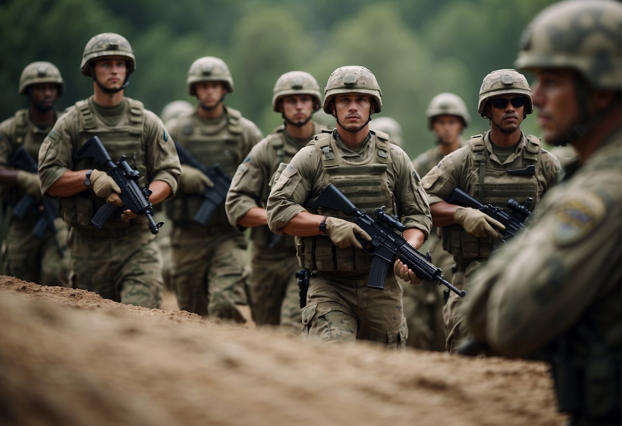 A formation of soldiers in a strategic military maneuver, resembling a business setting, with innovative tactics applied to corporate operations