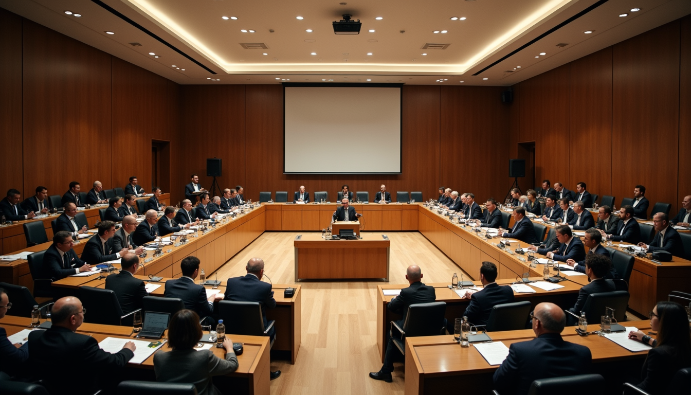 High angle view de sala de reunião com líderes analisando dados em tela grande
