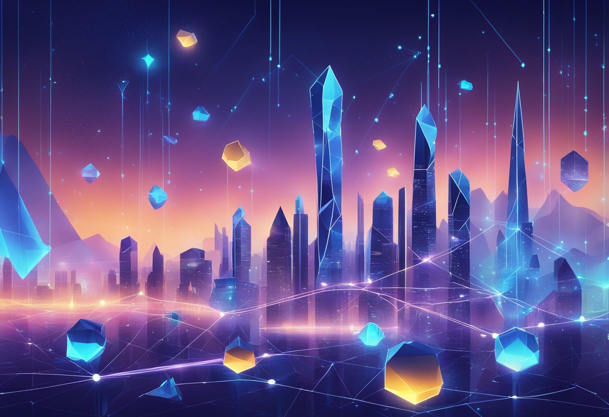 Uma paisagem urbana futurista com 12 criptomoedas distintas em forma de polígonos flutuando no ar, cercadas por fluxos de dados digitais e símbolos brilhantes.