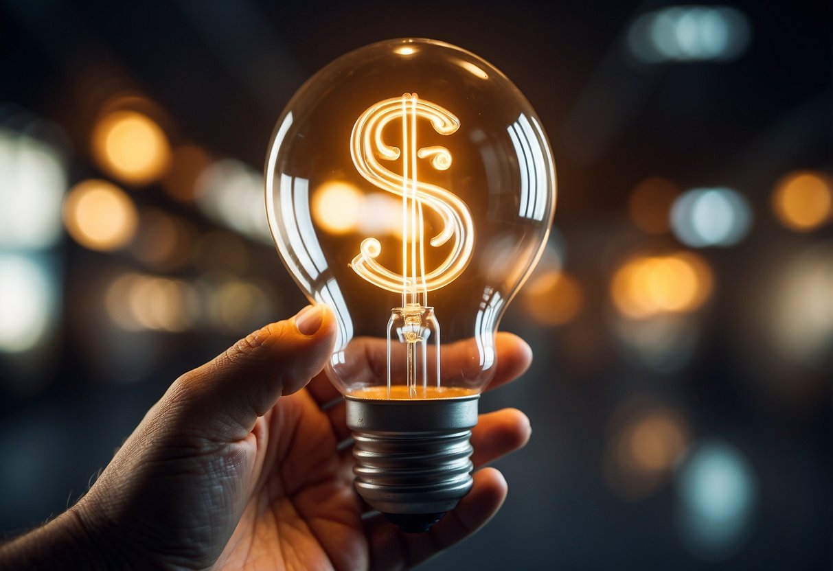 A hand holding a lightbulb with a dollar sign inside, surrounded by various innovative and budget-friendly items