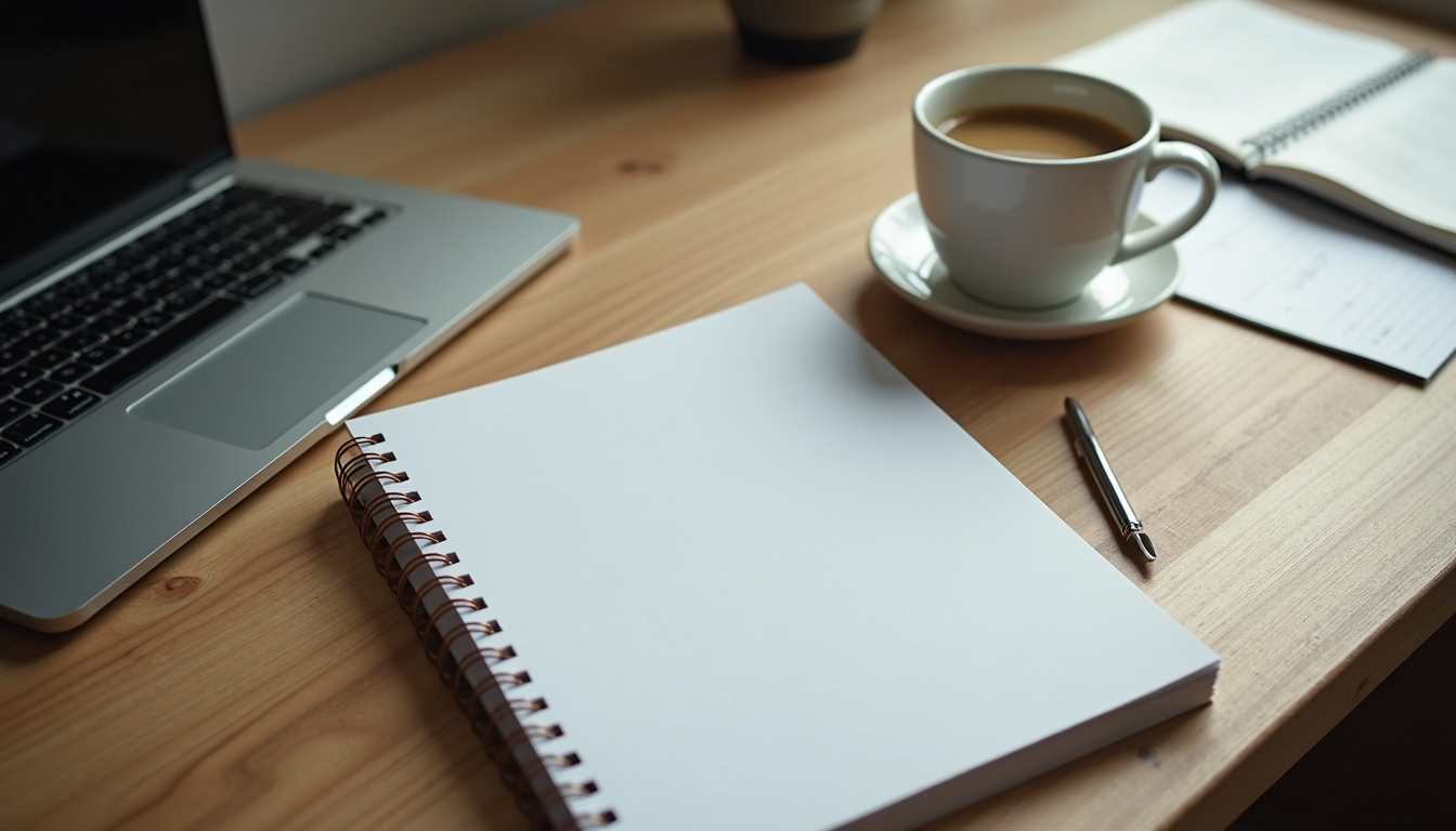 High angle view of a desk with a notebook and a cup of coffee, symbolizing planning and strategy